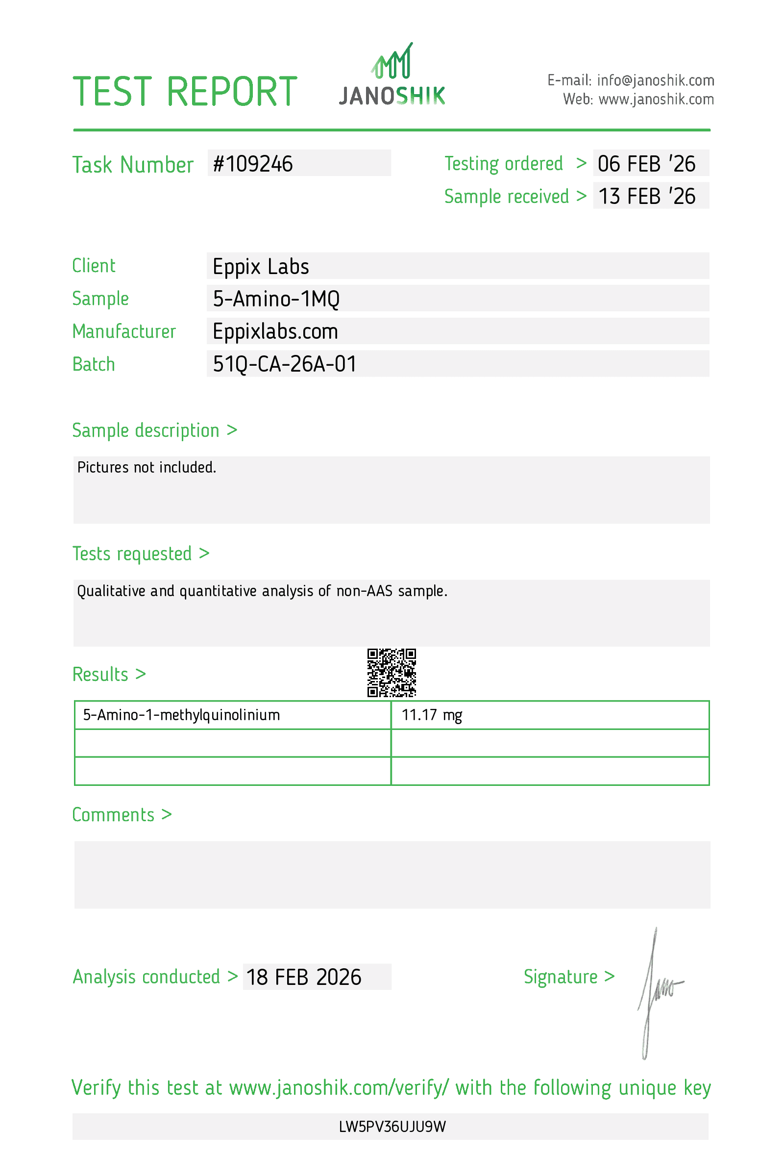Certificate of analysis for Buy 5-Amino-1MQ Canada | NNMT Inhibitor 10mg, batch 51Q-CA-26A-01, 99.55% purity, 11.17 mg measured content