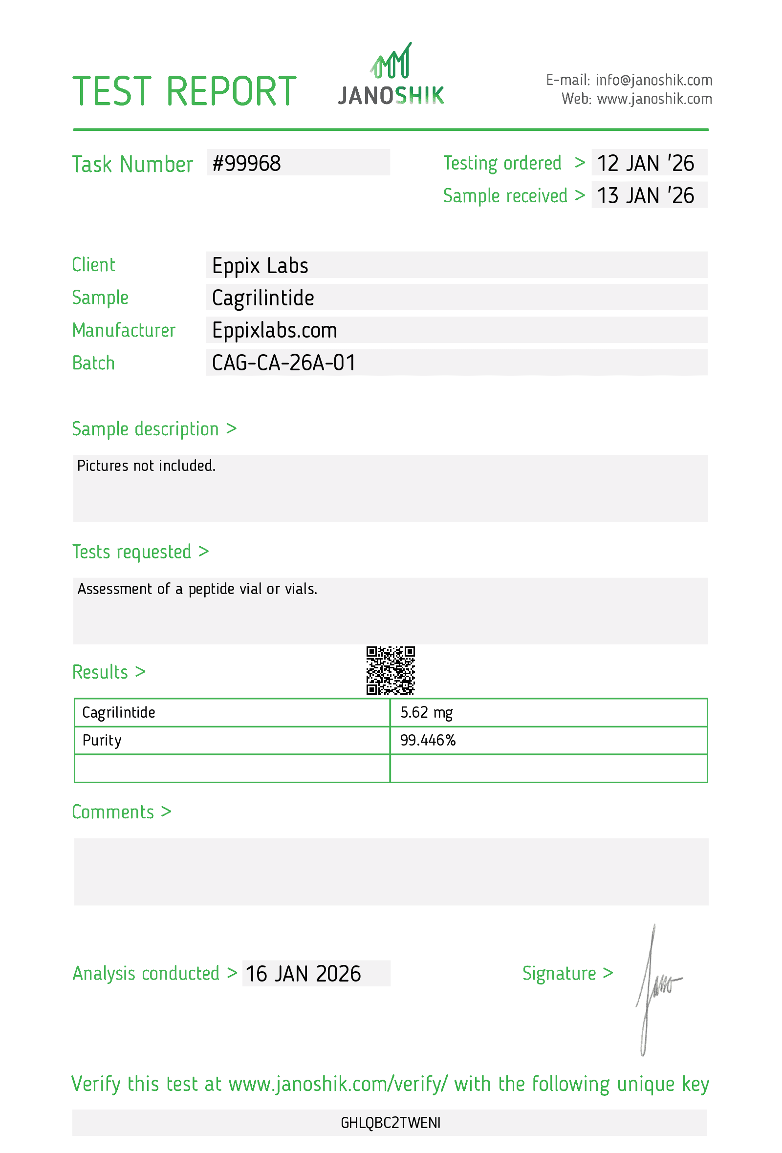 Certificate of analysis for Buy Cagrilintide Canada | Amylin Analog 5mg, batch CAG-CA-26A-01