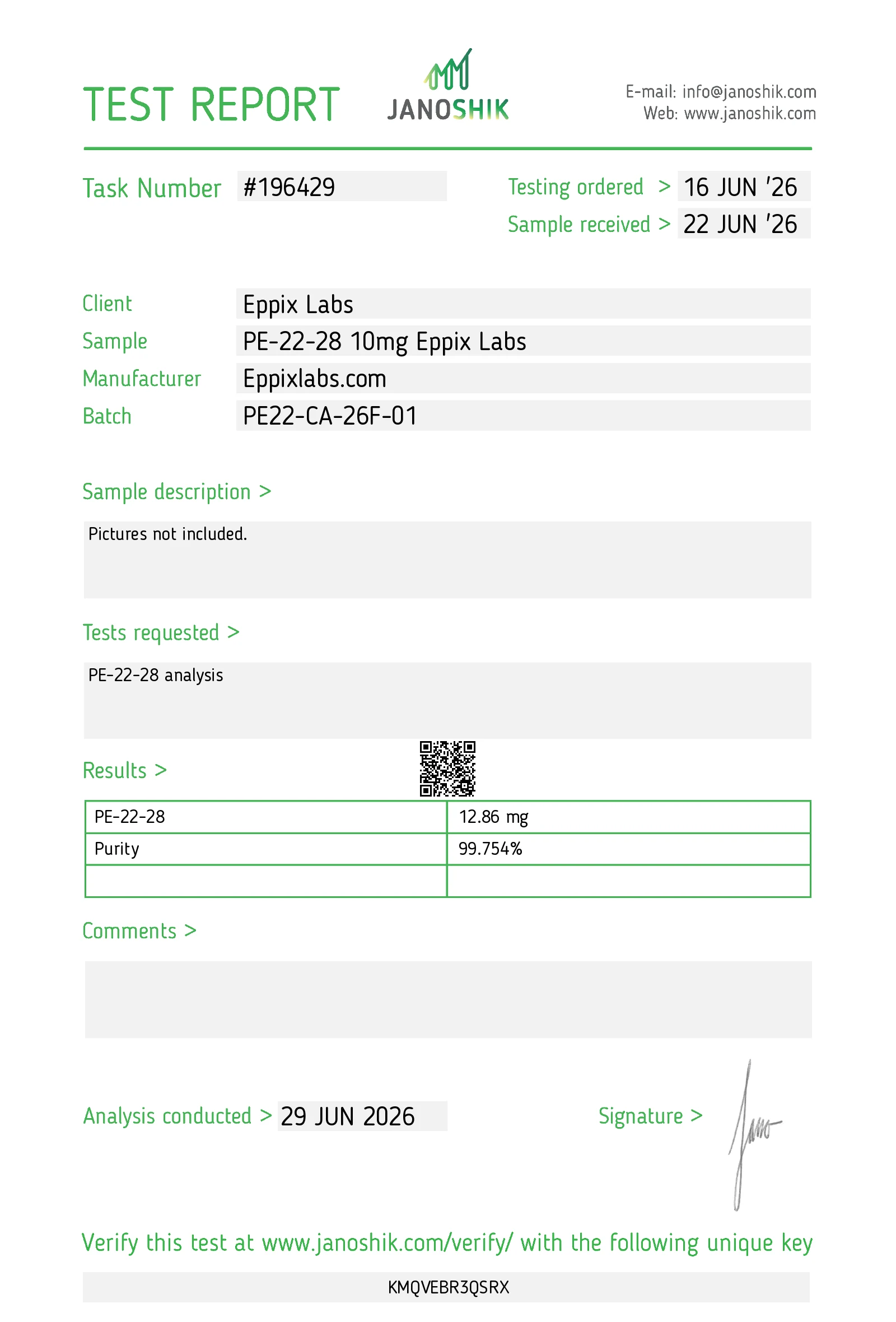 Certificate of Analysis for PE-22-28 10mg
