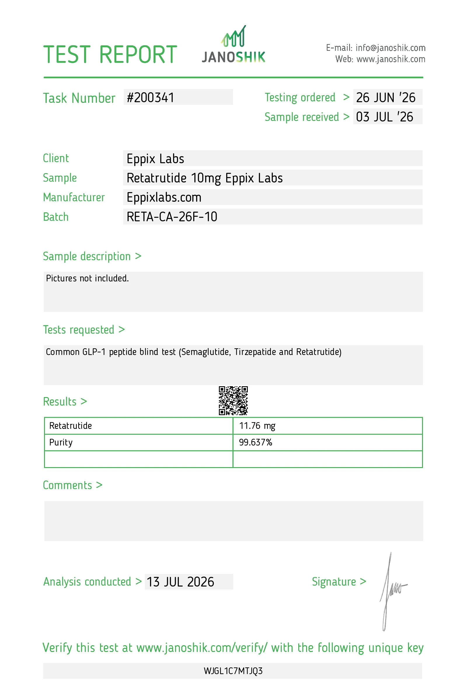 Certificate of analysis for Buy Retatrutide Canada | Triple Agonist 10mg, batch RETA-CA-26E-01, 99.637% purity, 11.76 mg measured content