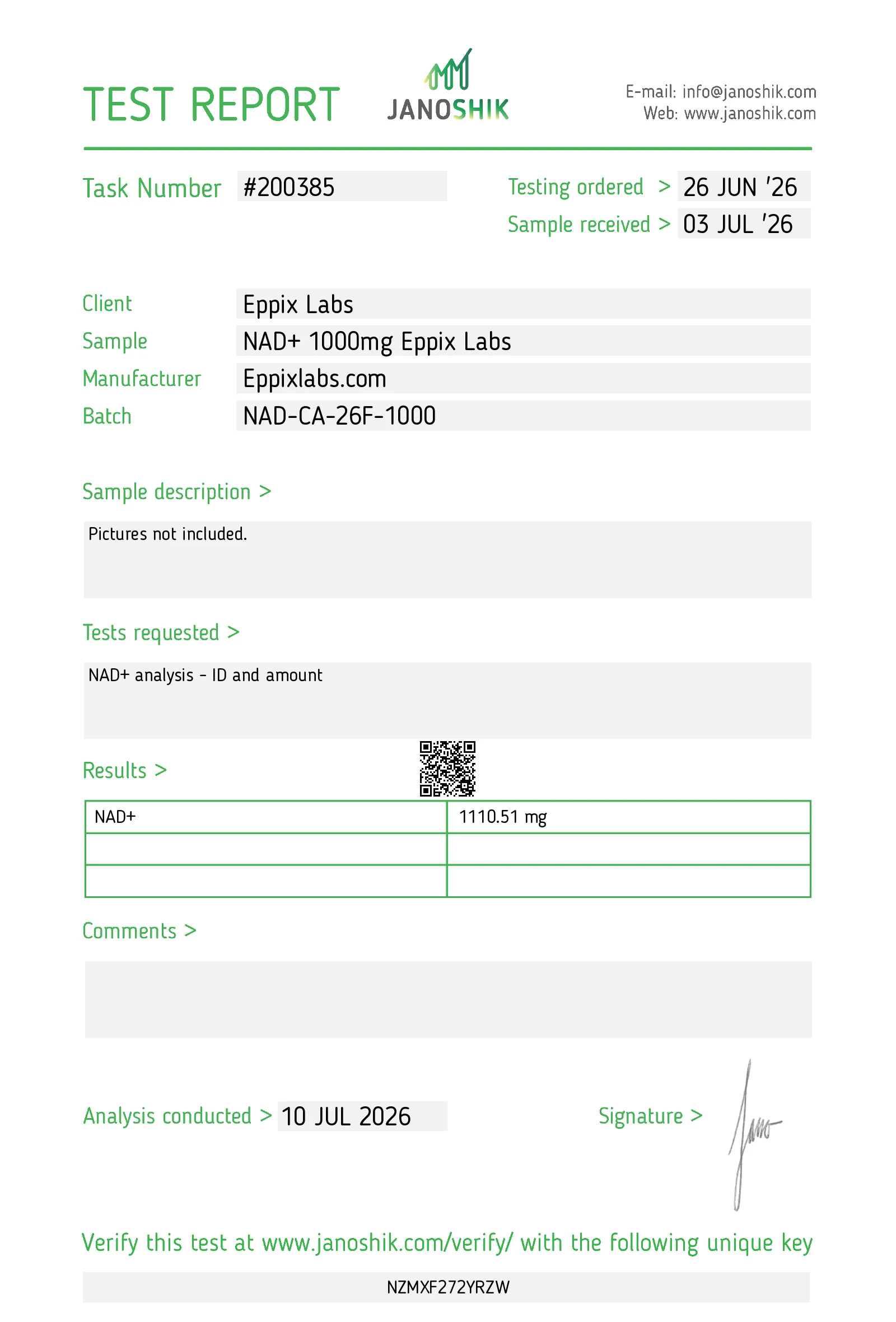 Certificate of Analysis for NAD+ 1000mg