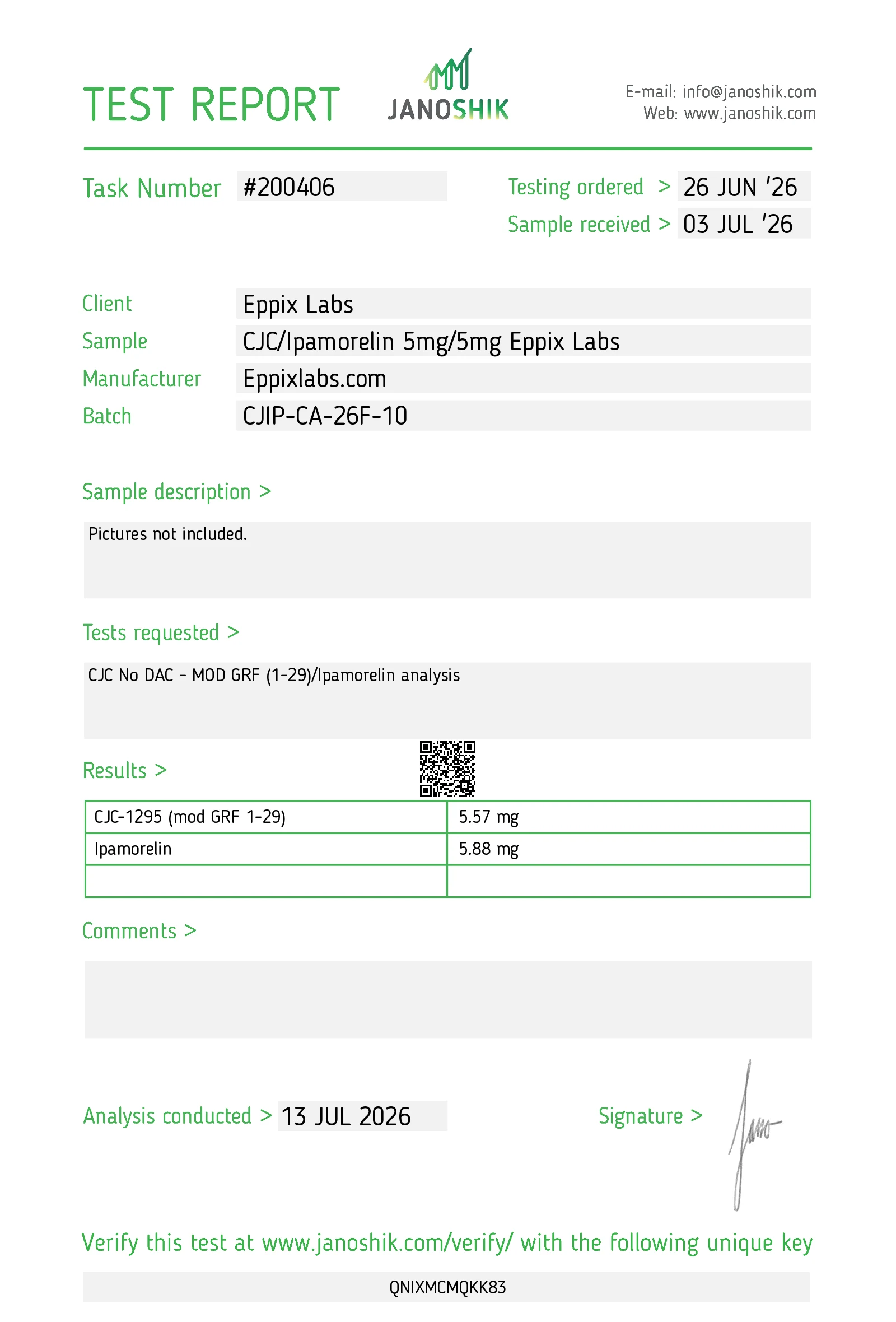 Certificate of analysis for CJC-1295 Ipamorelin Blend Canada 5mg, batch CJIP-CA-26A-01