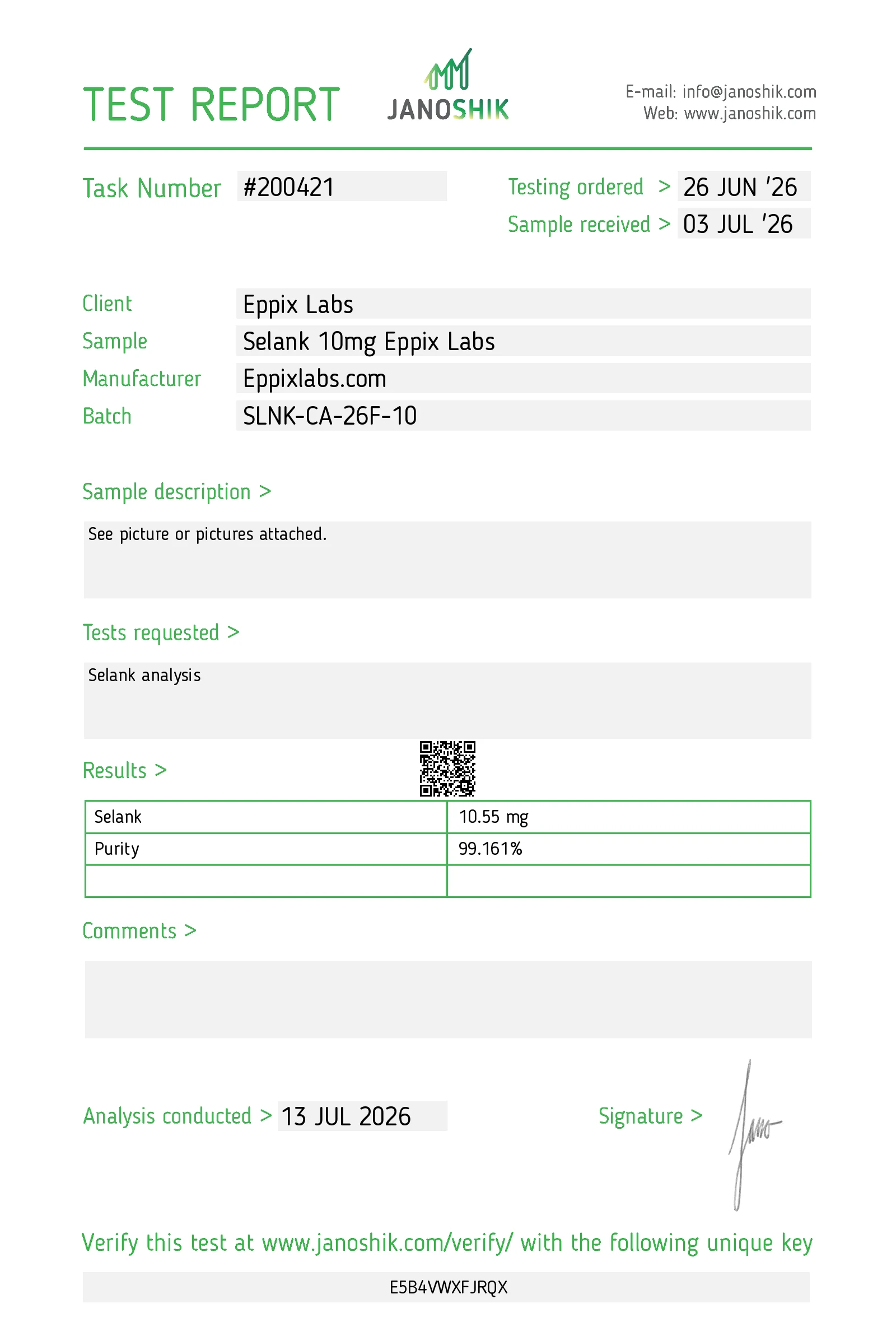 Certificate of Analysis for Selank 10mg