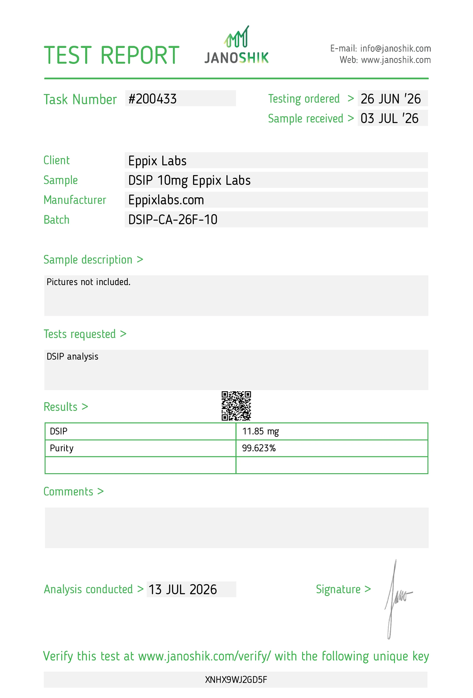 Certificate of Analysis for Buy DSIP Canada | Delta Sleep Peptide 10mg batch DSIP-CA-26F-10
