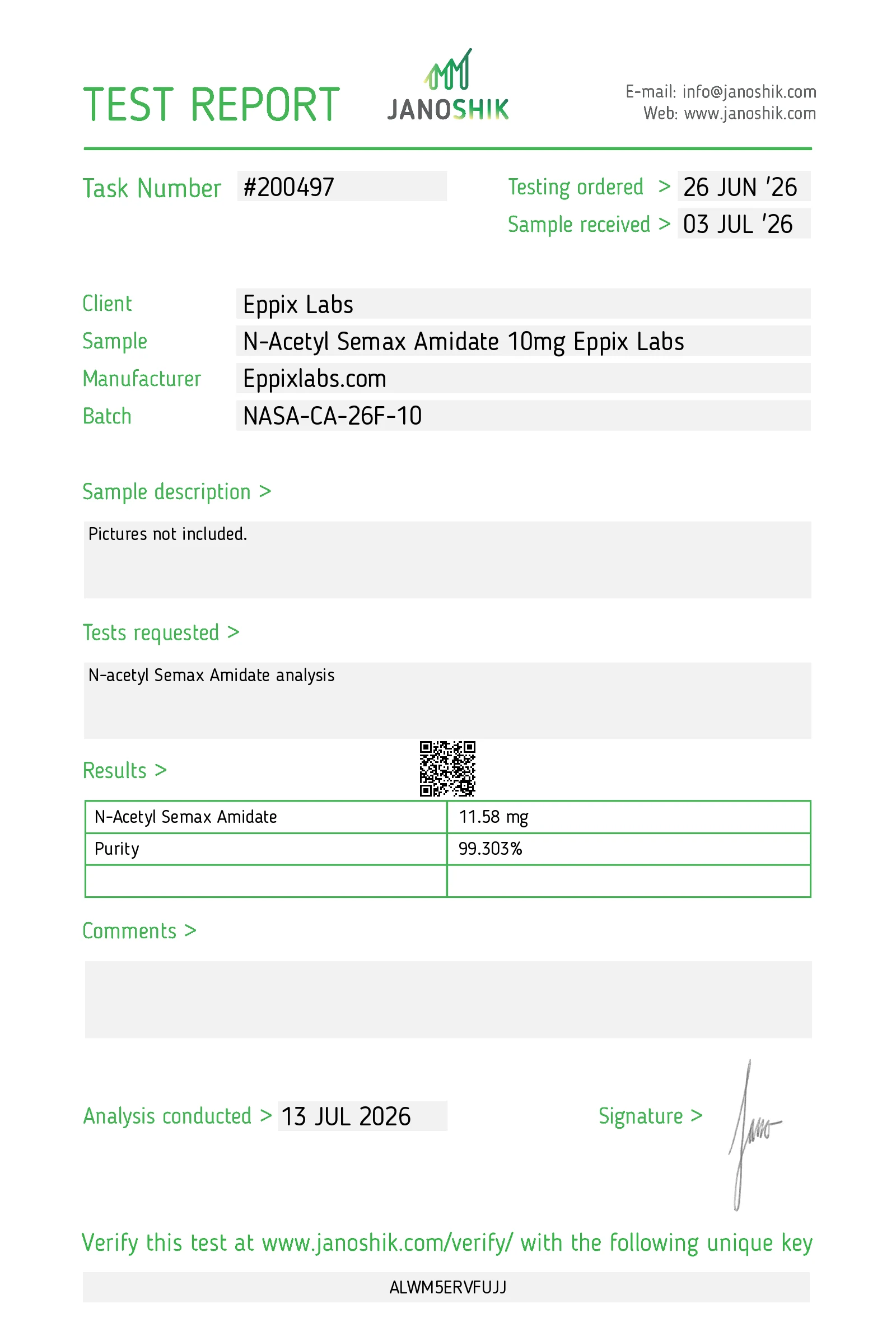 Certificate of Analysis for Buy NA-Semax Canada | N-Acetyl Semax Amidate batch NASA-CA-26F-10