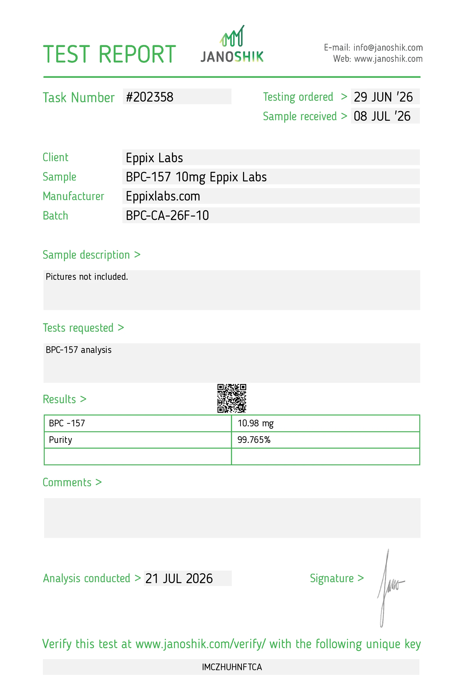 Certificate of analysis for Buy BPC-157 Canada | 10mg & 20mg Vials 10mg, batch BPC-CA-26F-10, 99.765% purity, 10.98 mg measured content