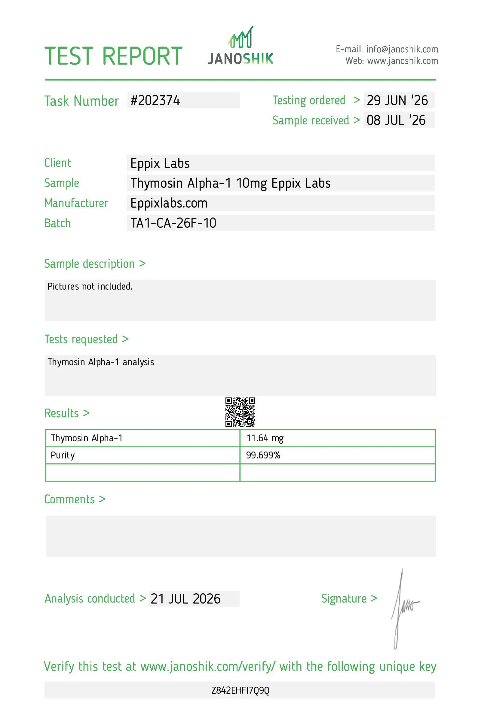 Certificate of Analysis for Buy Thymosin Alpha-1 Canada | TA1 10mg batch TA1-CA-26F-10