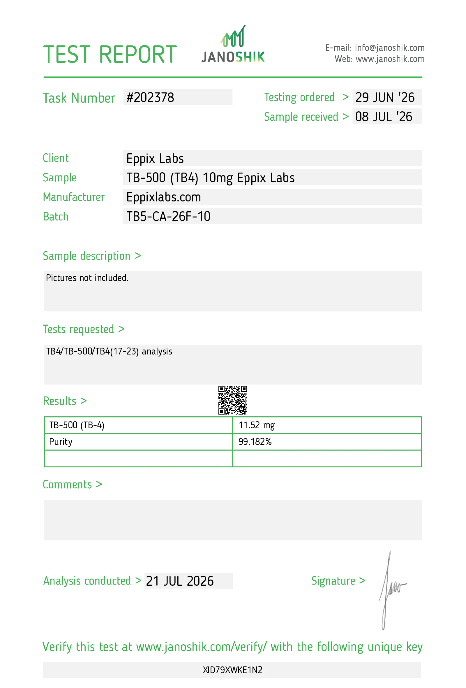 Certificate of analysis for Buy TB-500 Canada | Thymosin Beta-4 10mg 10mg, batch TB5-CA-26F-10, 99.182% purity, 11.52 mg measured content