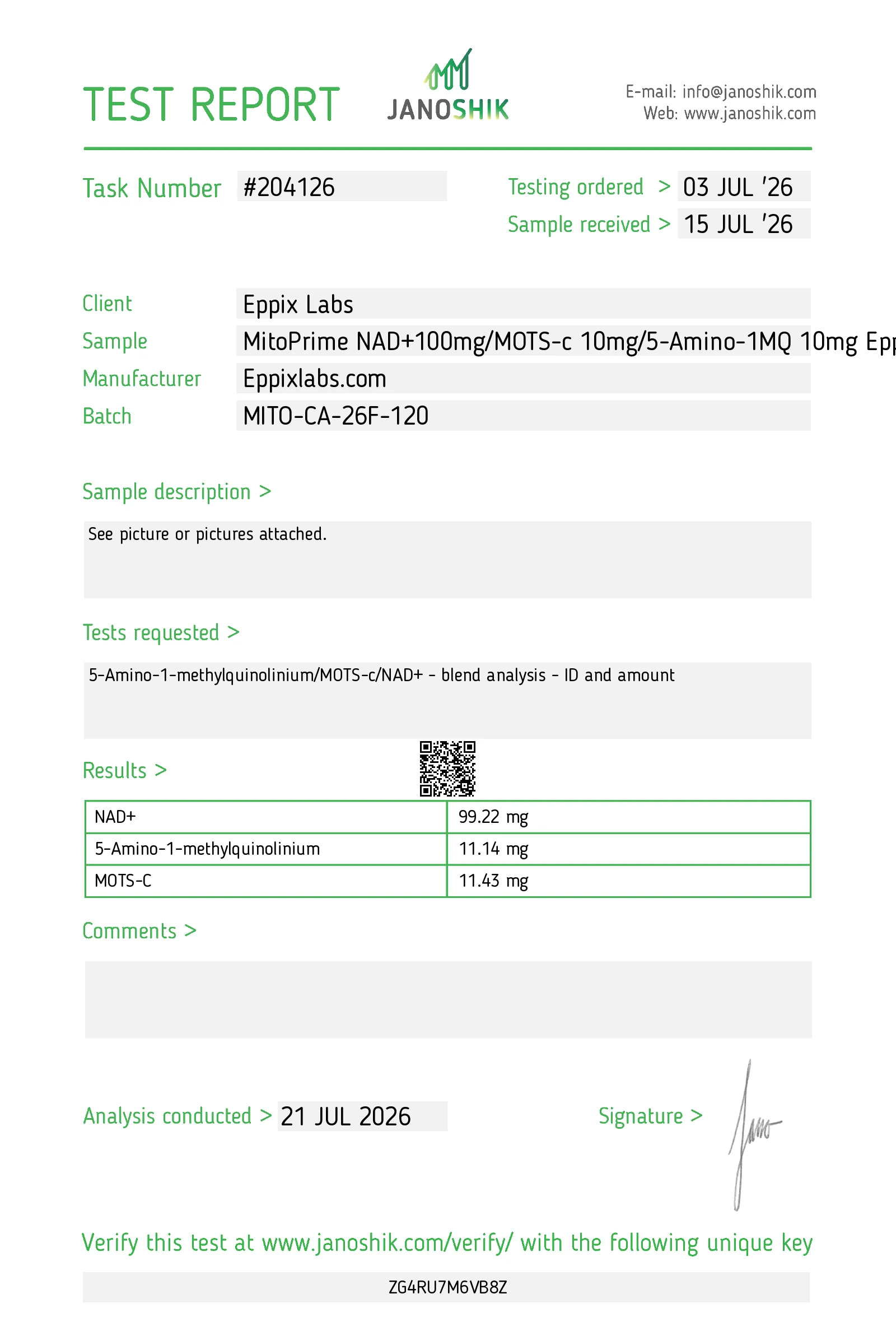 Certificate of Analysis for Mito-Genesis Blend 120mg