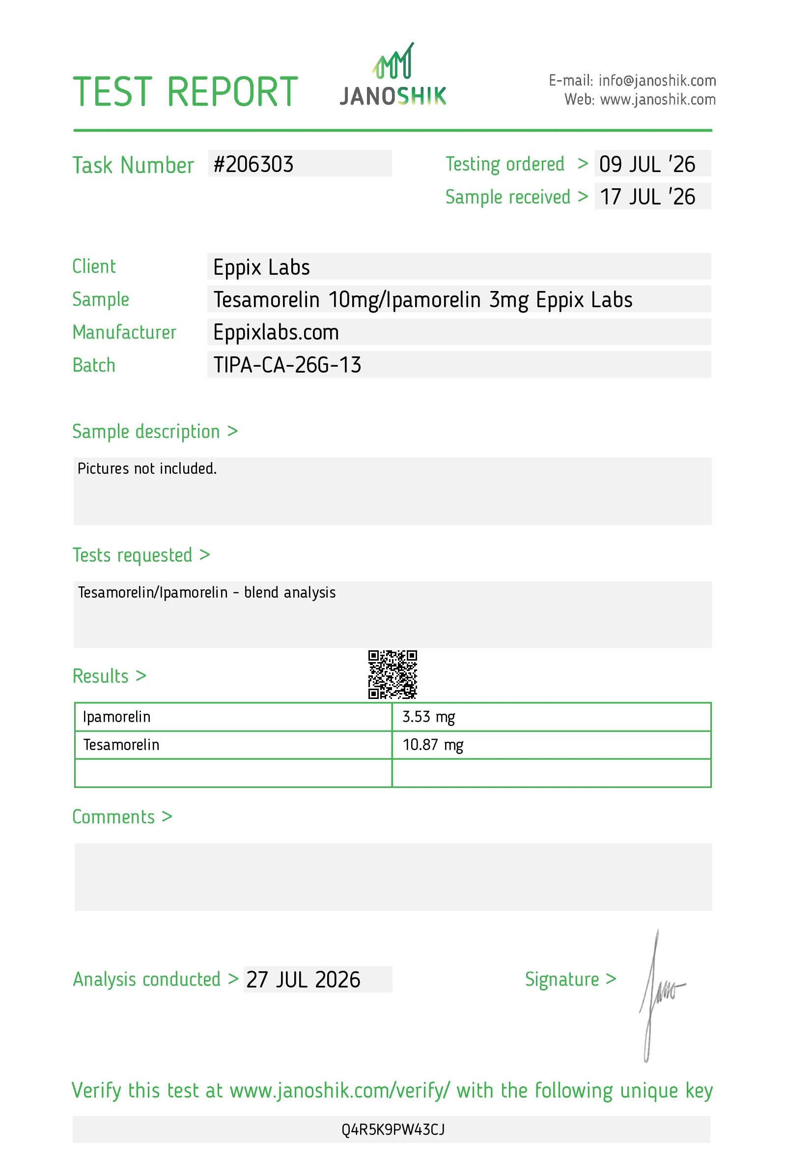 Certificate of Analysis for Tesamorelin Ipamorelin Blend 13mg