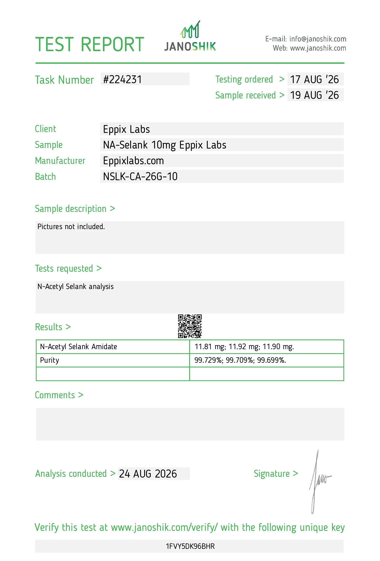 Certificate of Analysis for Buy NA-Selank Canada | N-Acetyl Selank 10mg batch NSLK-CA-26G-10