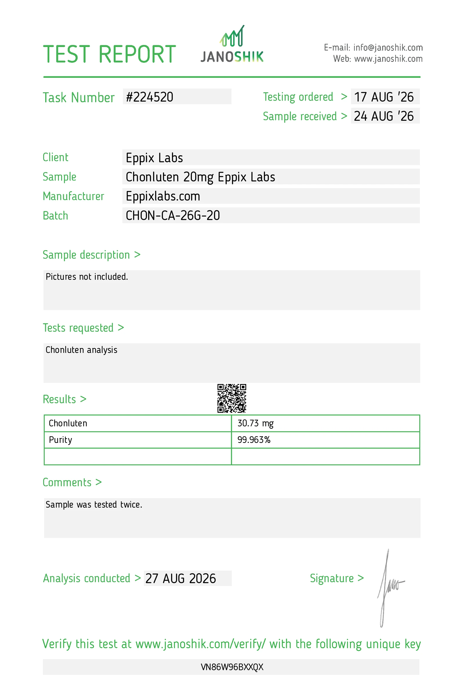 Certificate of Analysis for Chonluten 20mg batch CHON-CA-26G-20