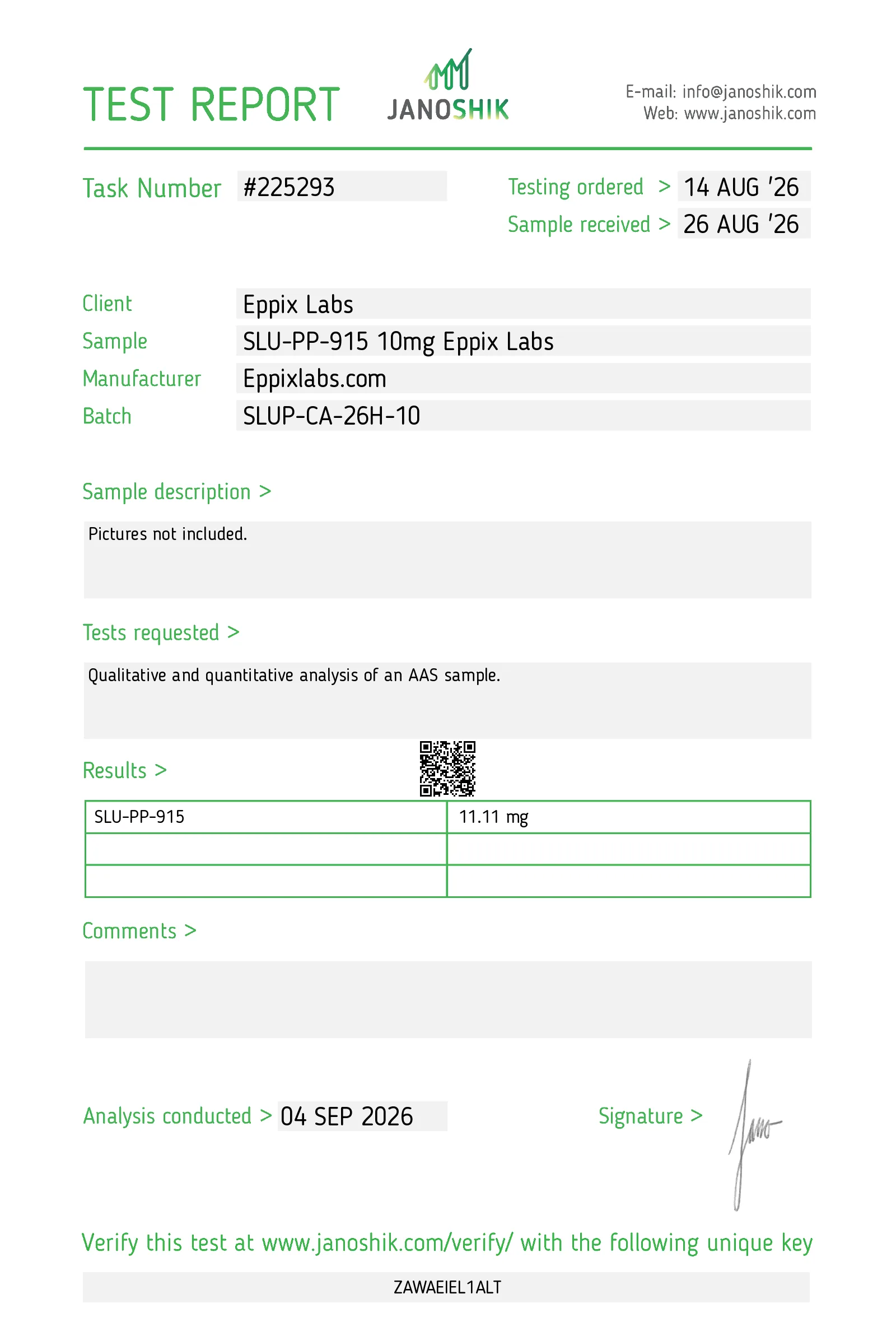 Certificate of Analysis for SLU-PP-915 batch SLUP-CA-26H-10