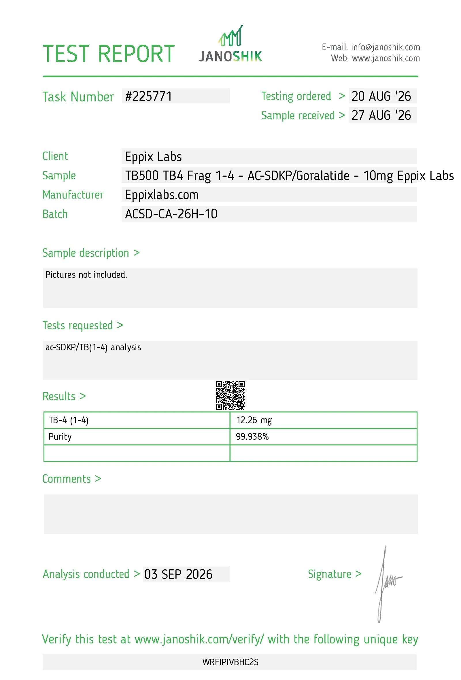Certificate of Analysis for TB-500 Fragment 17-23 batch ACSD-CA-26H-10