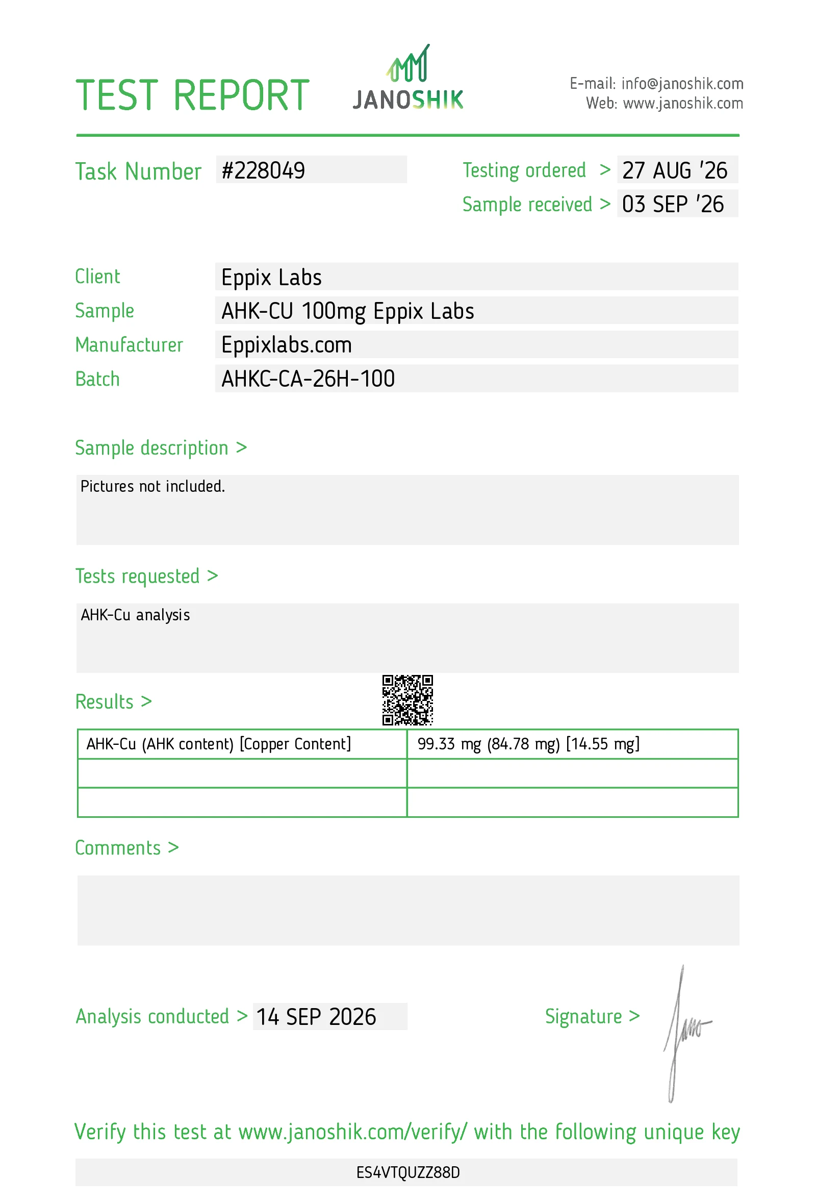 Certificate of Analysis for AHK-cu batch AHKC-CA-26H-100