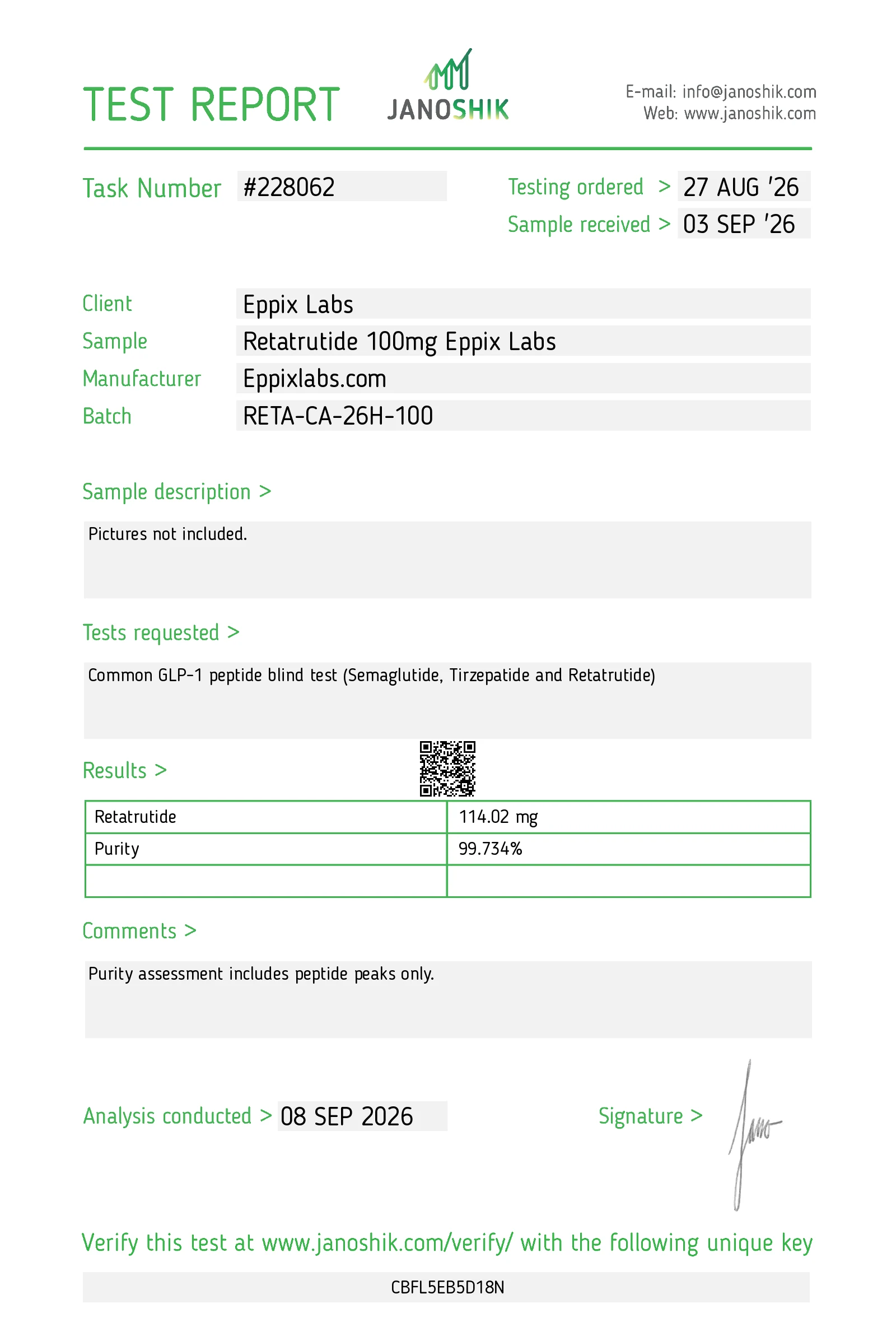 Certificate of Analysis for Retatrutide batch RETA-CA-26H-100