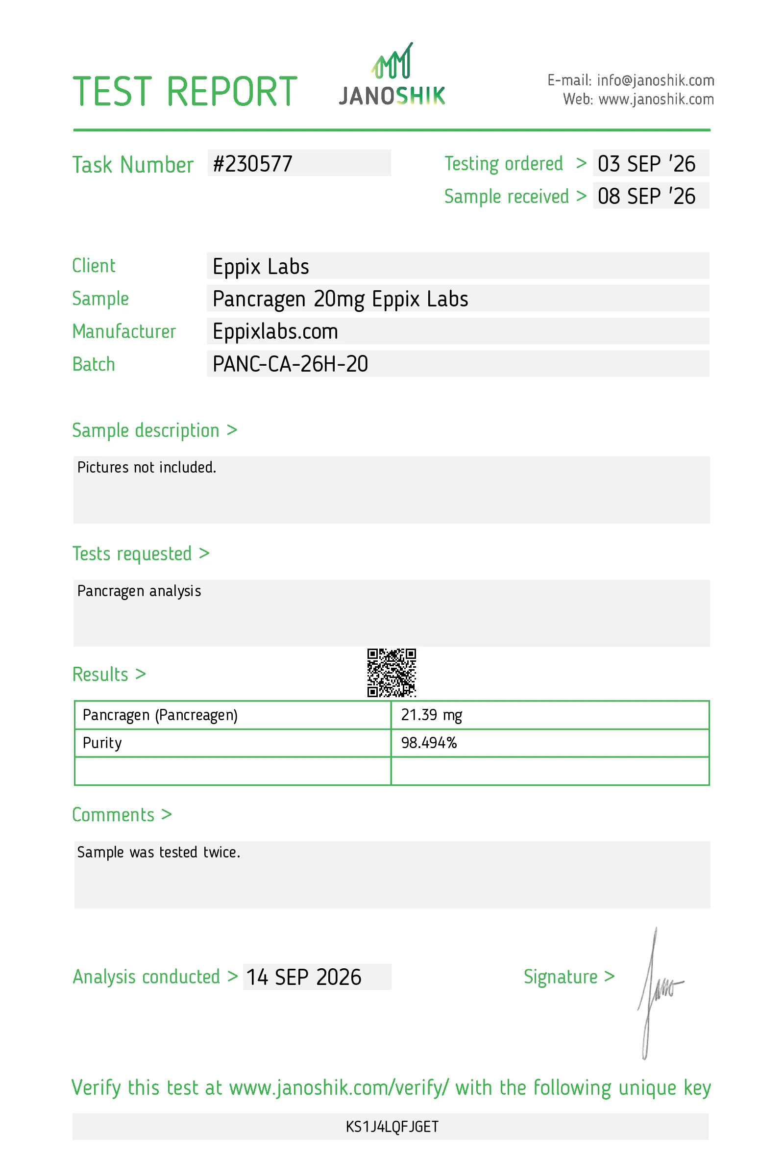 Certificate of Analysis for Pancragen batch PANC-CA-26H-20