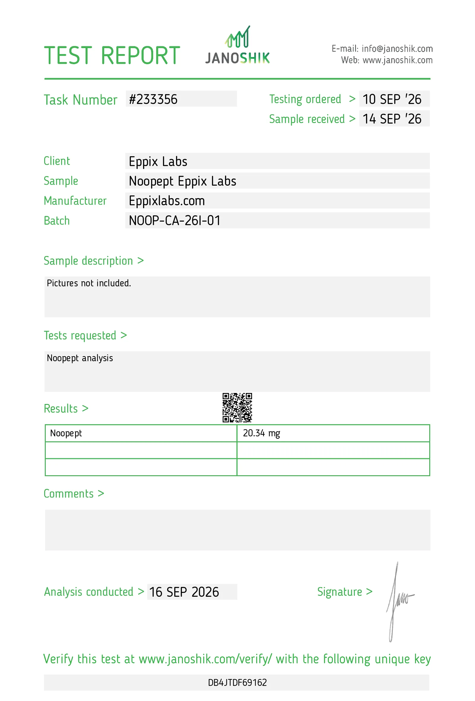 Certificate of Analysis for Noopept Capsules batch NOOP-CA-26I-01