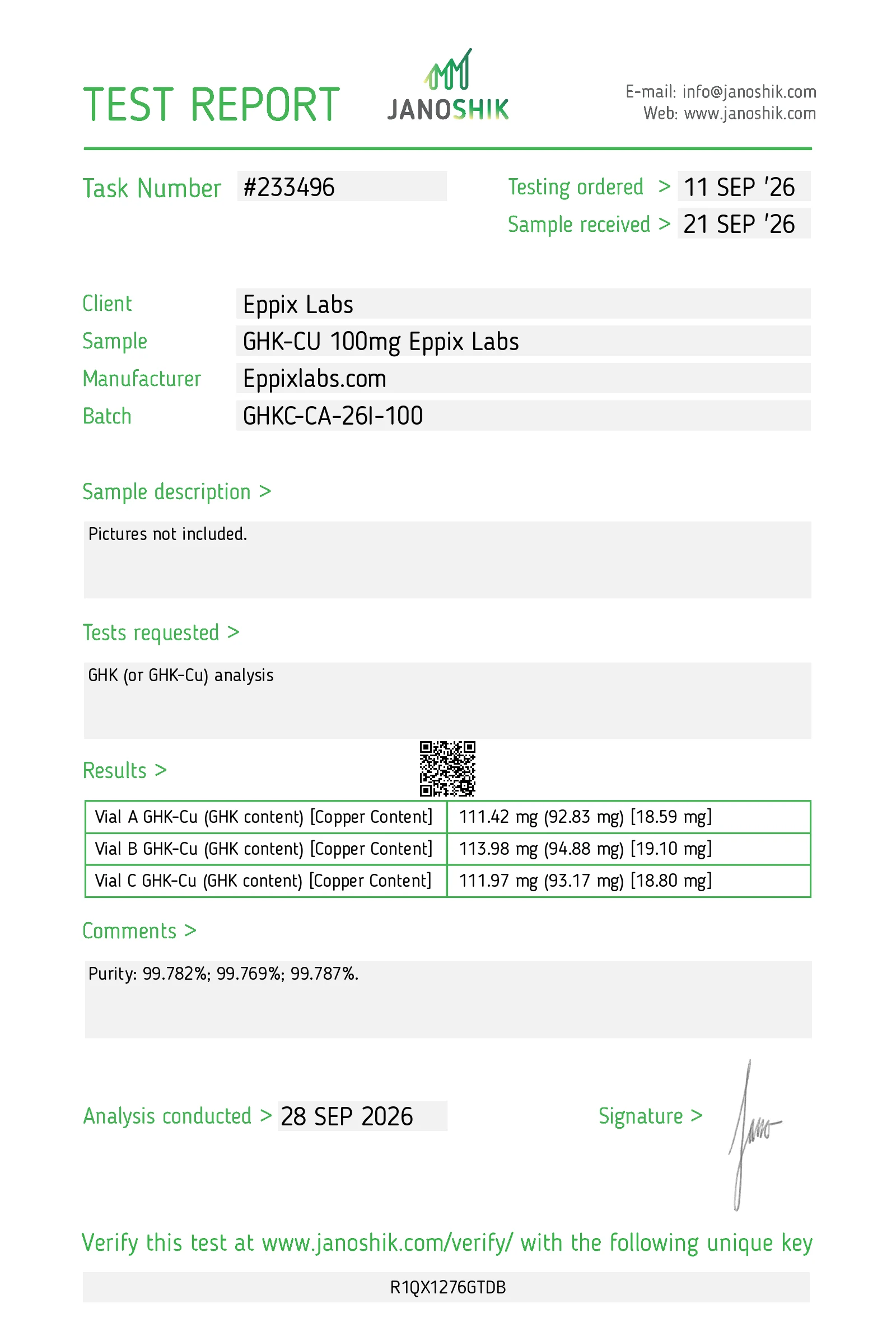 Certificate of Analysis for GHK-Cu batch GHKC-CA-26I-100