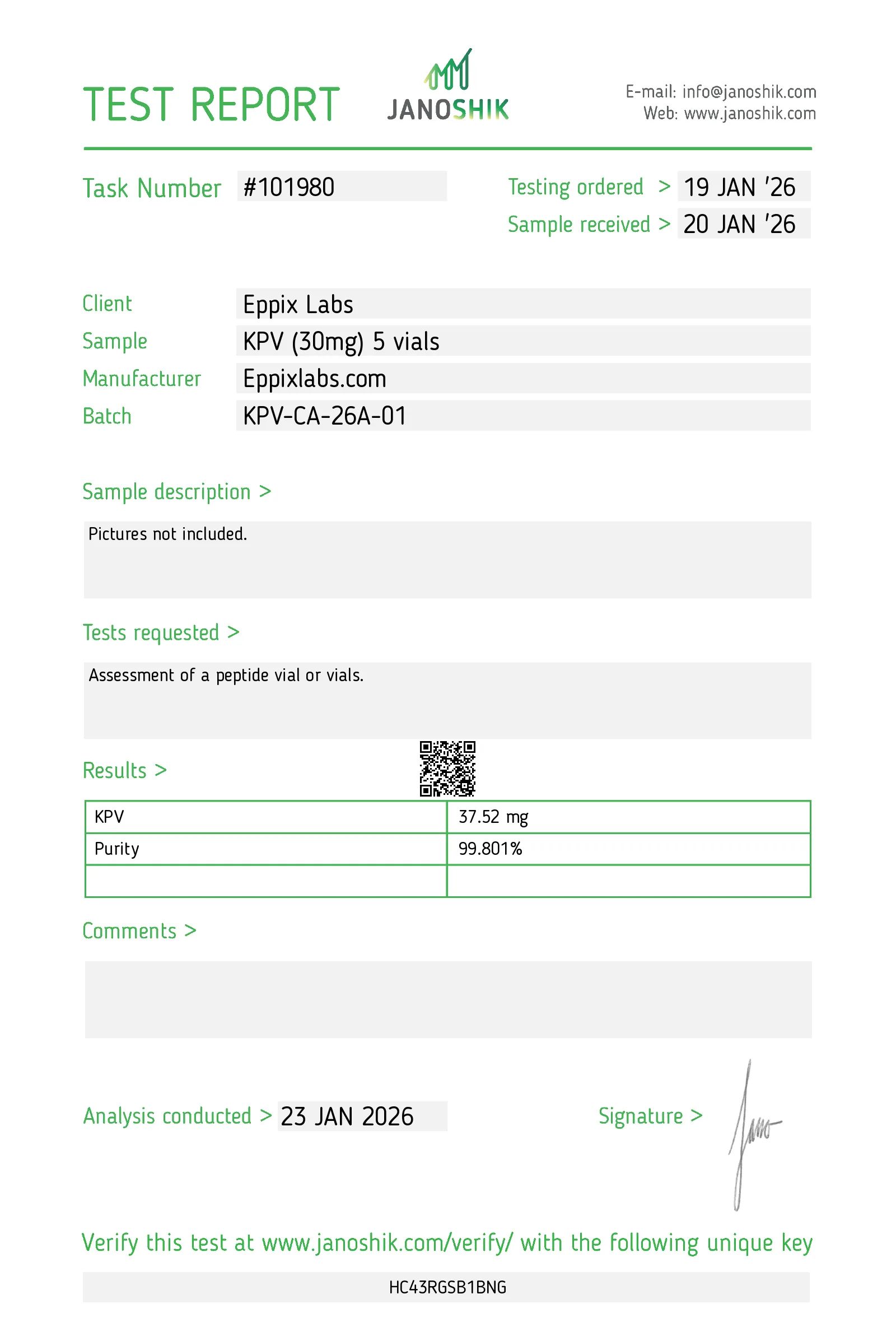 Certificate of Analysis for Buy KPV Peptide Canada | 10mg & 30mg batch KPV-CA-26A-01
