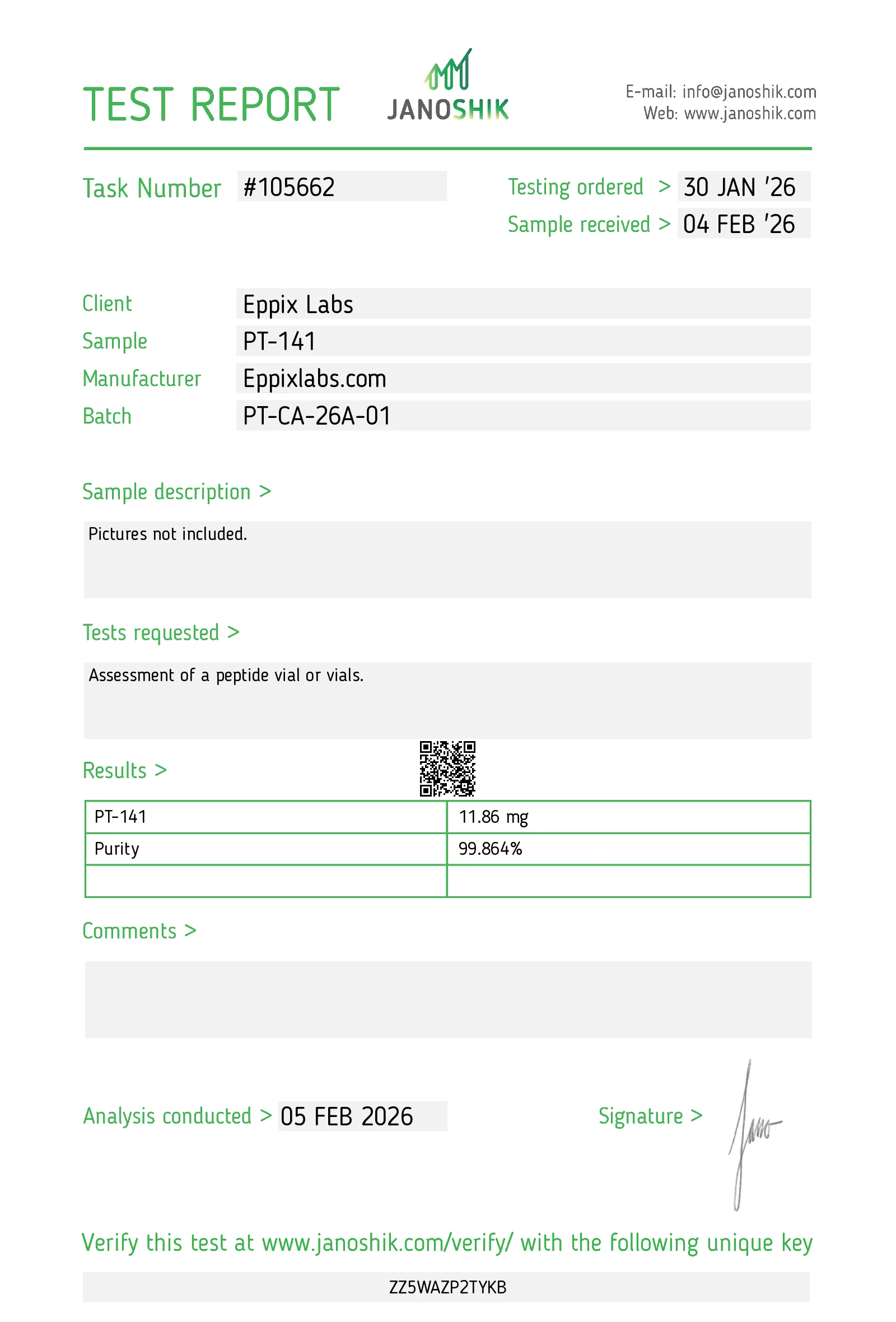 Certificate of Analysis for Buy PT-141 Canada | Bremelanotide 10mg batch PT-CA-26A-01