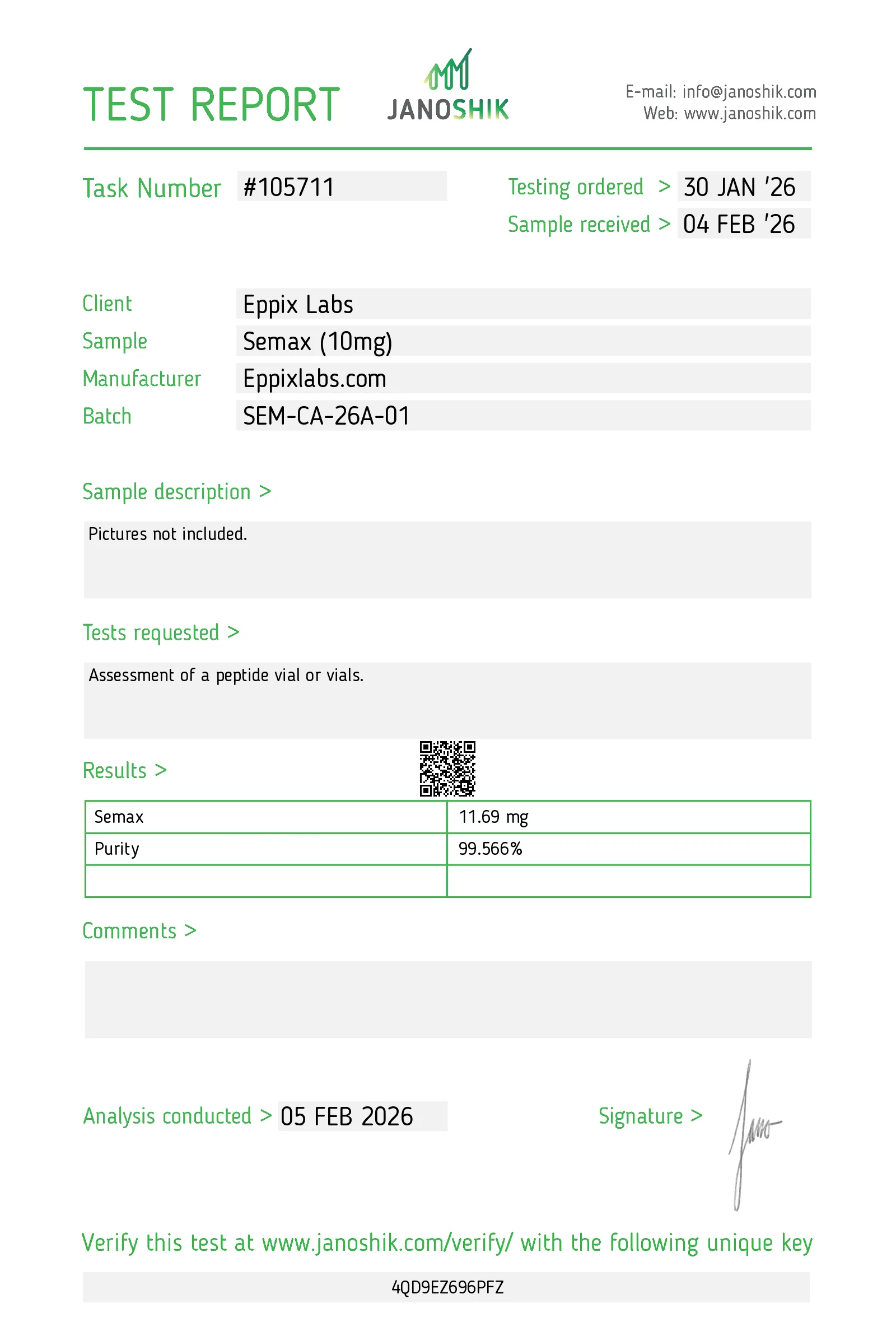 Certificate of analysis for Buy Semax Canada | Nootropic Peptide 10mg 10mg, batch SMAX-CA-26G-10, 99.0.53% purity, 10.69 mg measured content