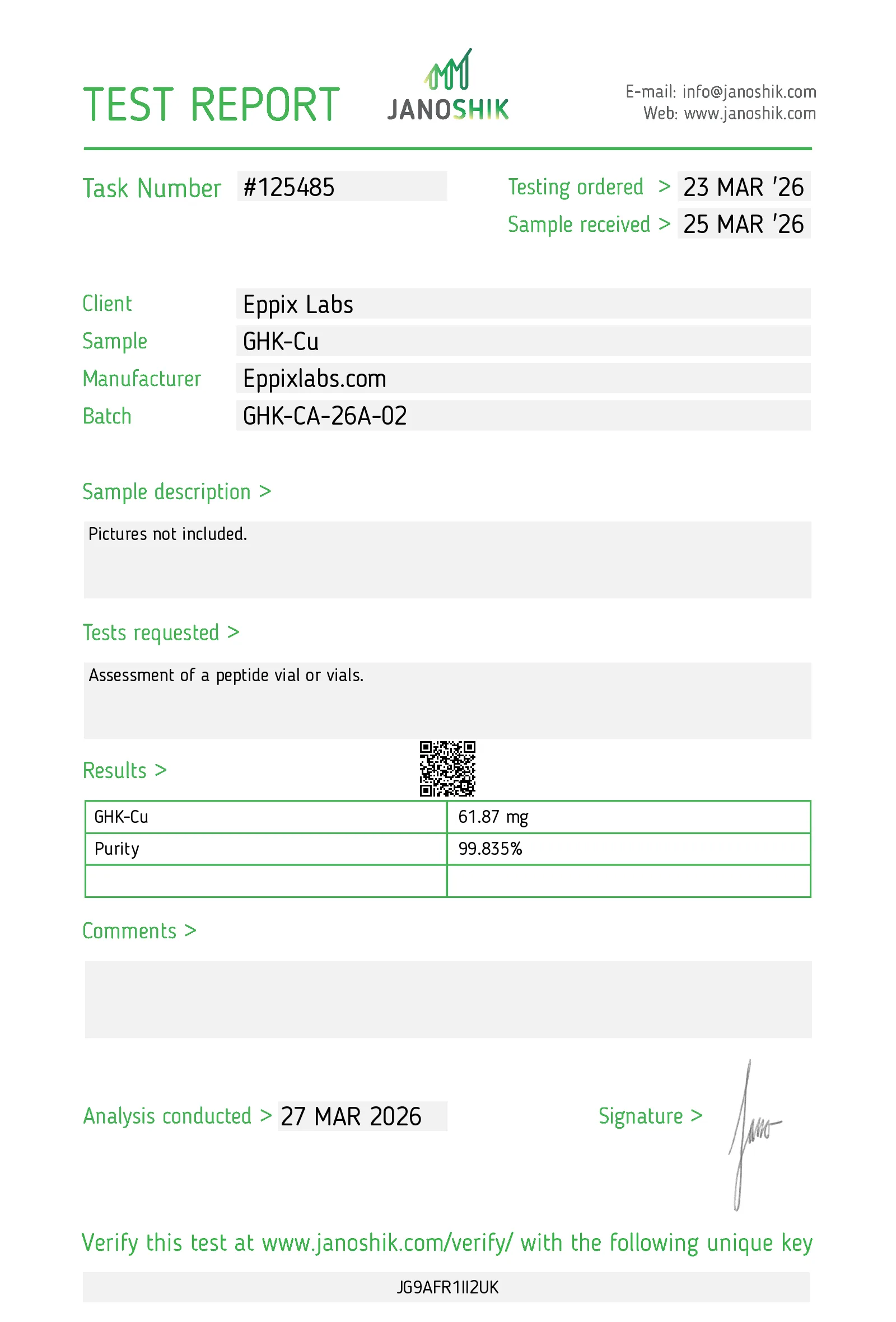 Certificate of analysis for Buy GHK-Cu Canada | Copper Peptide 50/100mg 50mg, batch GHK-CA-26A-02, 99.835% purity, 61.87 mg measured content