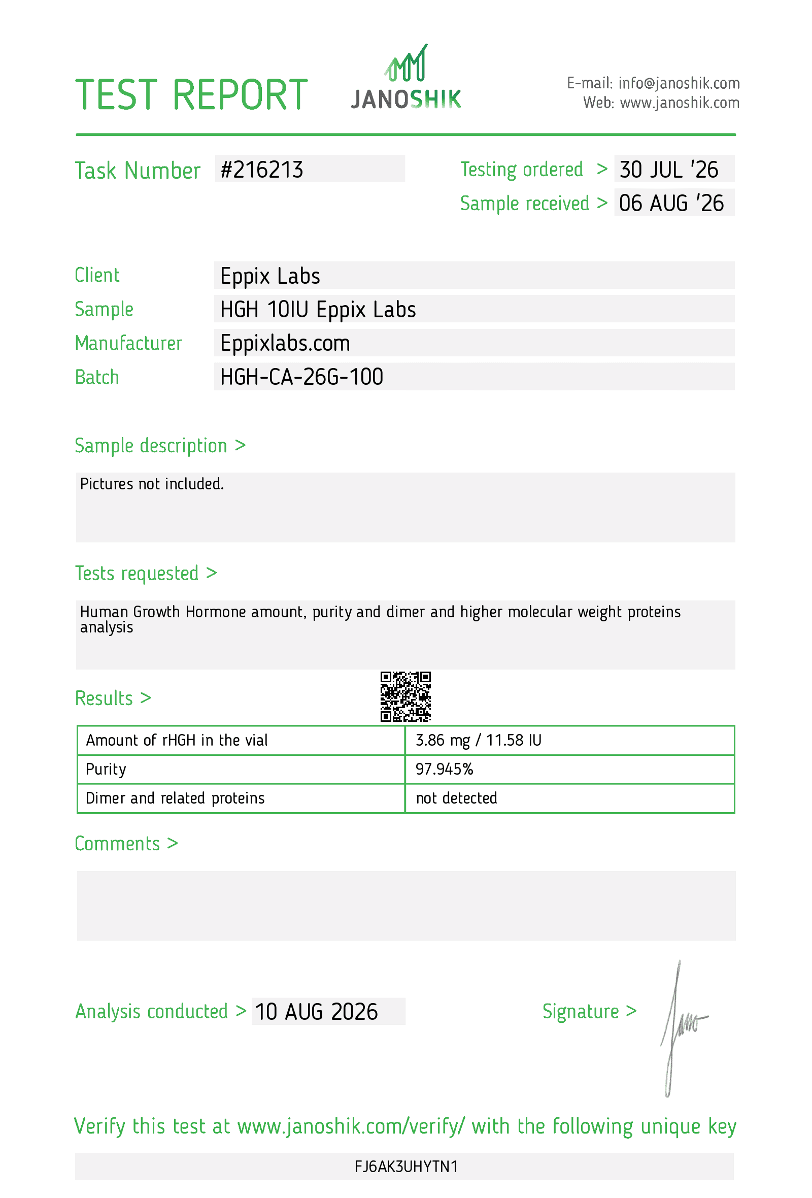 Certificate of Analysis for Buy HGH Canada | Somatropin 110 IU Kit batch HGH-CA-26G-100